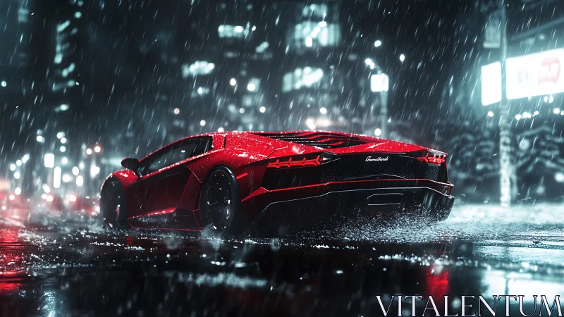 Scarlet supercar glides through a neon city downpour at night
