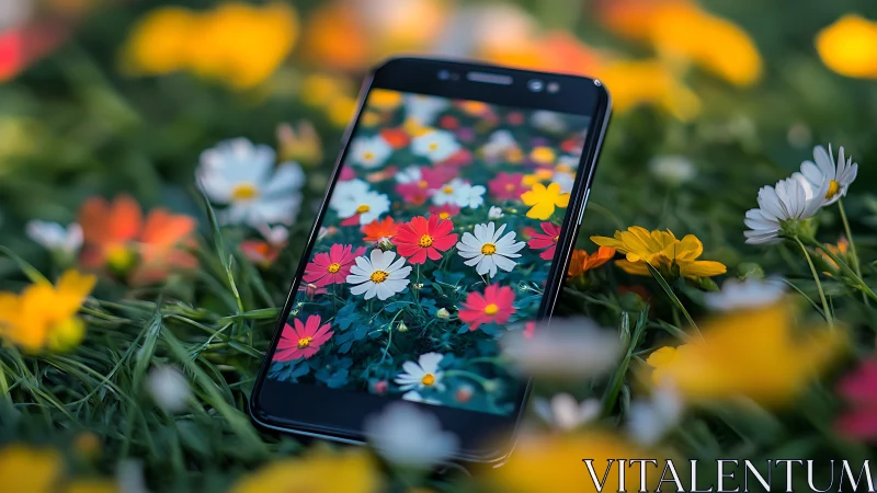 Mobile Device Displaying Vibrant Floral Imagery in Garden Setting.