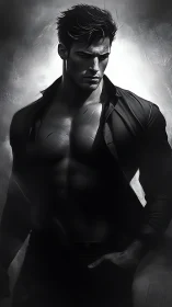 Brooding muscular man in monochrome dramatic light study.