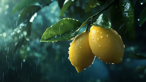 Lemons hang from a wet branch under controlled rain lighting