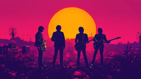 Silhouetted rock band against neon sunset desert horizon.