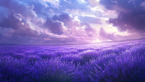 Lavender fields glow beneath a luminous violet sunset sky.