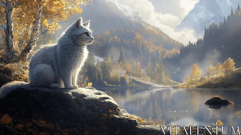 White cat on lakeside rock in bright autumn mountain valley.