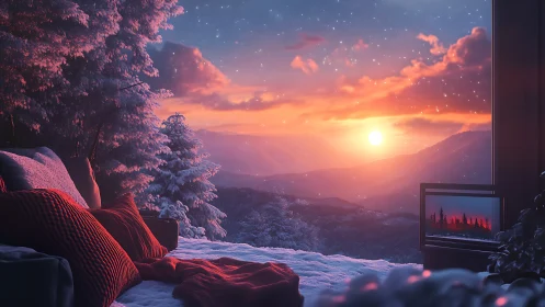 Cozy winter bed facing glowing mountain sunset view.