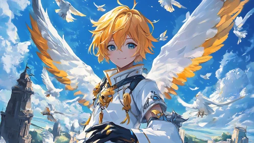 Winged anime character in white attire against sky backdrop.