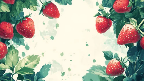 Strawberries and foliage frame central negative space in painterly style