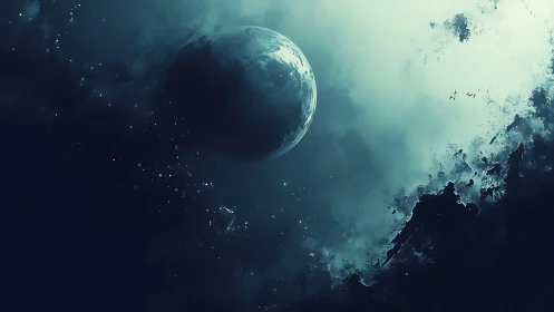 Distant planet with nebula clouds in deep space environment.