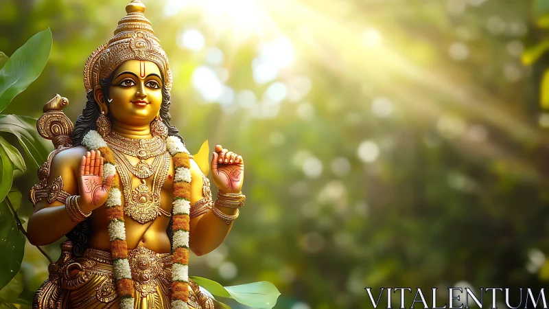 Golden deity statue stands in sunlight against green bokeh background