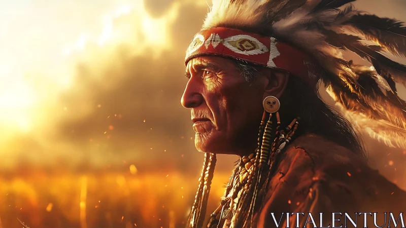 Elder Native leader in feathered headdress at sunset.