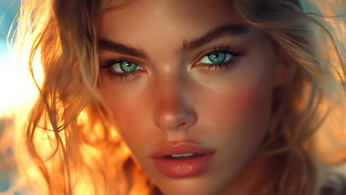 Digital close-up portrait of blue-eyed woman at sunset.