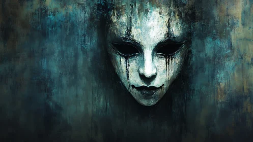 Monochrome painted mask with dark streaked eye sockets.