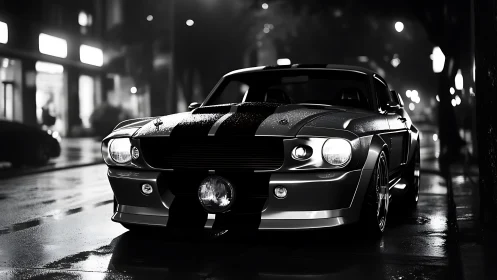 Nocturnal muscle car study on wet urban asphalt surface.