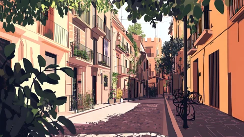 Sunlit Mediterranean alleyway lined with balconies and trees.