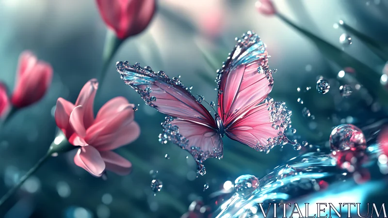 Glass-wing butterfly with dewdrops over pastel tulips field.