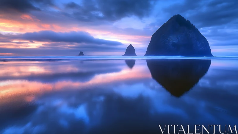 Rock monoliths mirror glowing dusk sky over tidal shallows.