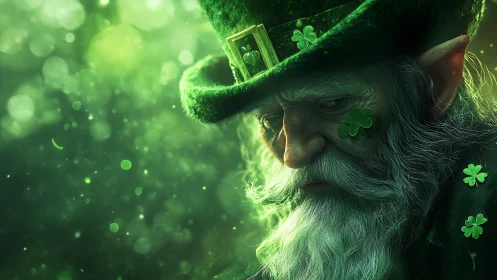 Thoughtful leprechaun gazes through glowing emerald mist