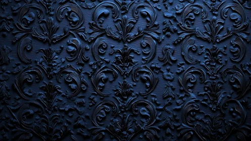 Embossed dark blue ornamental floral damask surface pattern.