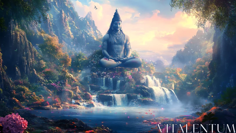 Tranquil deity above waterfalls in a glowing forest sanctuary.