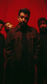 Moody band portrait glowing against a bold red backdrop.