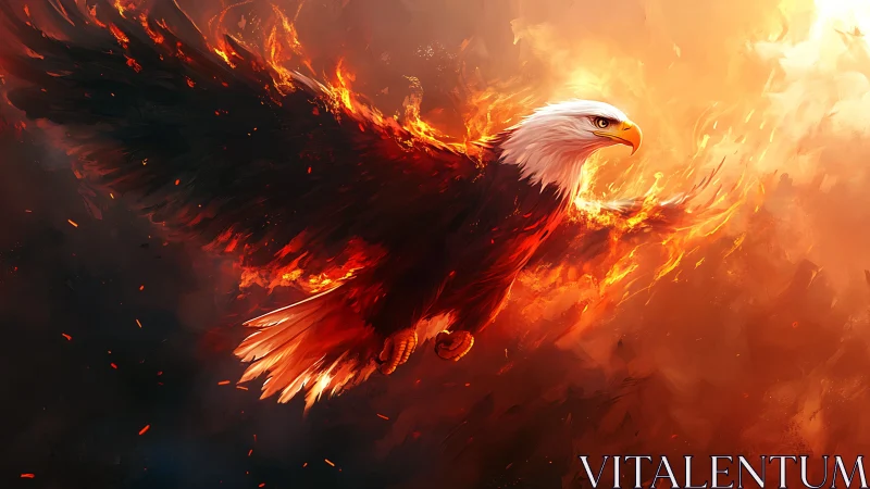 Majestic Bald Eagle Soaring Through Flames in Digital Art Style.