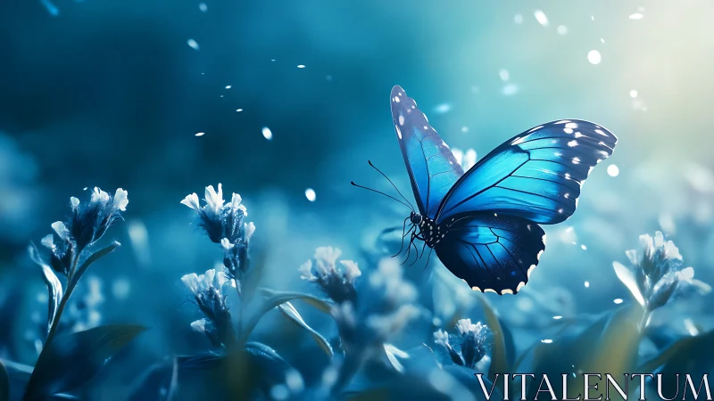 Iridescent blue butterfly in shallow depth-of-field bloomscape