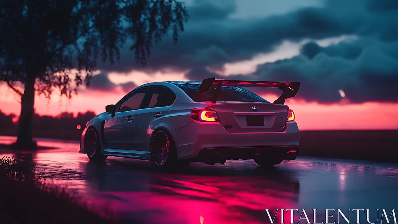 Aerodynamic tuner sedan glows against neon dusk horizon