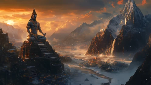 Colossal meditating deity overlooks glowing Himalayan valley