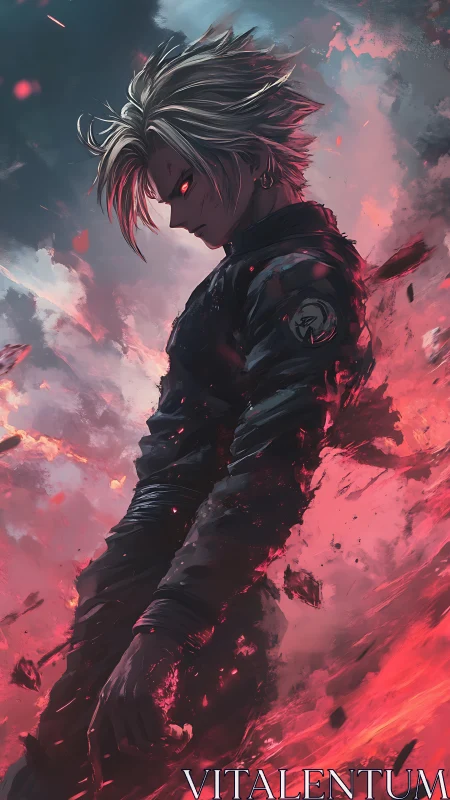 Anime warrior stands in firelit storm with glowing red eyes