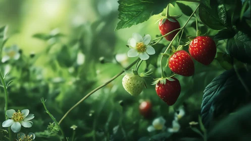 Sunlit strawberry trio ripening among whispering garden greens.