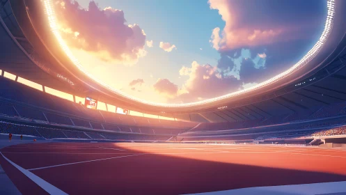 Sunlit Olympic stadium track under cinematic evening sky.