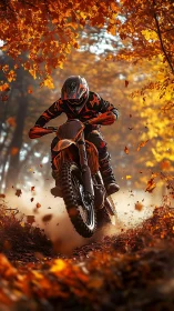 Motocross rider leaping through autumn forest trail dust.