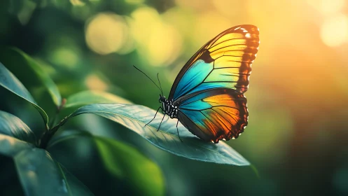 Butterfly on leaf in backlit forest environment at sunrise.
