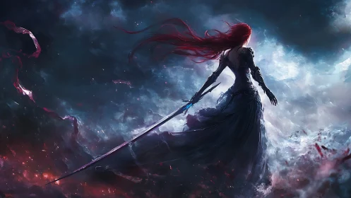 Skyborne warrior with flowing crimson hair stands fearless.