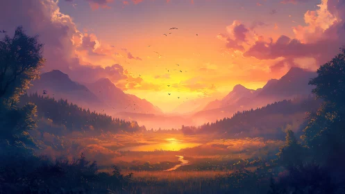 Radiant alpine valley sunset over wetlands and distant ranges.