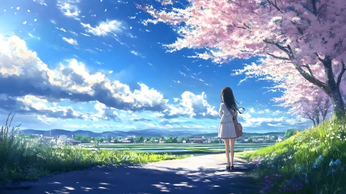 Solitary figure on rural path under blooming pink trees.