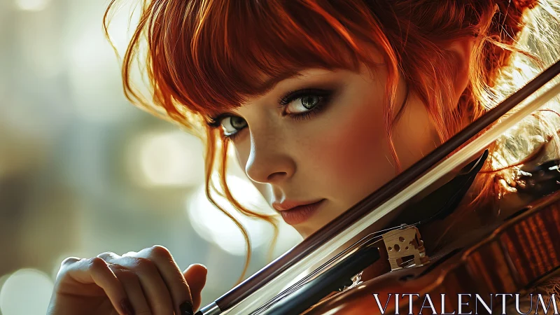 Red haired violinist in intense close up portrait shot.