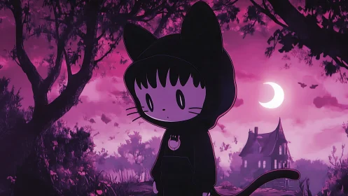 Cartoon cat-hooded figure in purple moonlit forest scene.