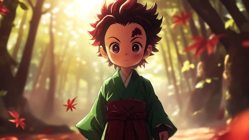 Anime child in forest glade under backlit foliage and drifting leaves