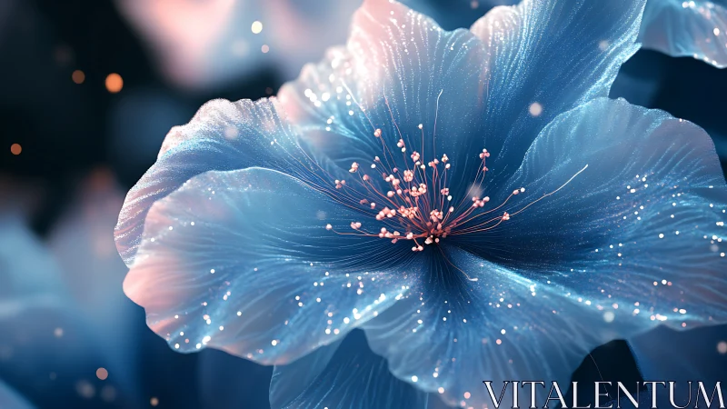 Iridescent blue blossom glows with shimmering bokeh light.