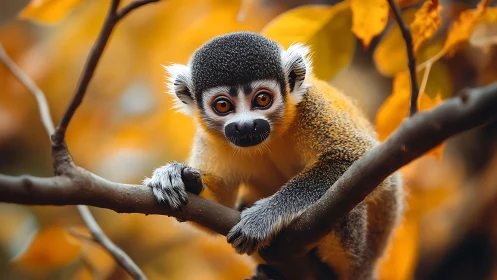 Squirrel monkey perched on branch in shallow depth autumn bokeh