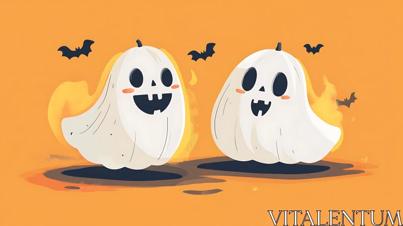 Cute cartoon ghosts and bats on bright orange background.