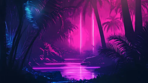 Neon jungle river glows under dreamy pink and purple light