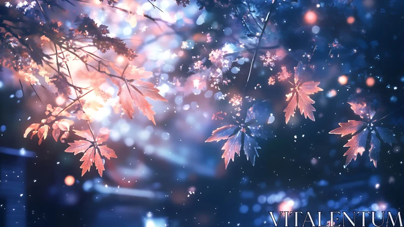 Maple leaves glow against bokeh-lit nocturnal forest space