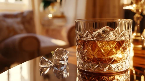 Cut-crystal whiskey glass in warm golden lounge light.