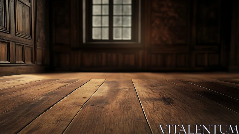 Wood-paneled interior with central window and worn floorboards.