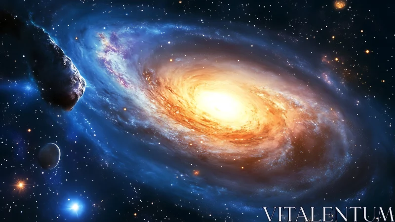 Glowing spiral galaxy swirling through a star filled cosmos.