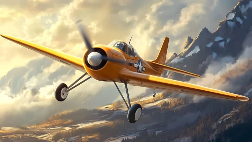 Monoplane trainer aircraft slicing through alpine cloudfields.