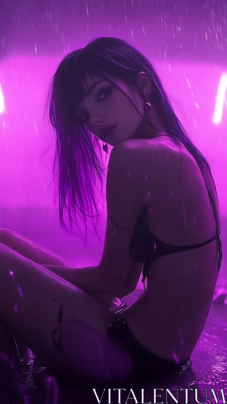 Neon lit female figure seated in rain, side profile view.