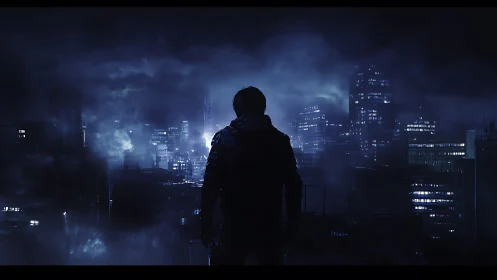 Nocturnal urban sentinel surveying neon fog cityscape.