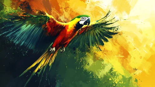 Vibrant macaw in flight, digital painting with expressive brushstrokes.